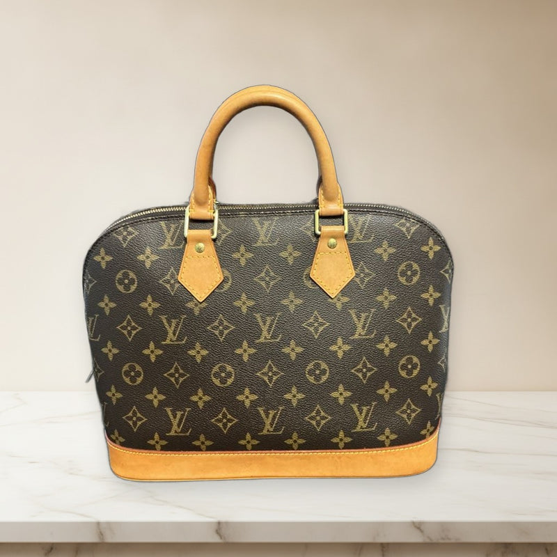 Louis Vuitton Alma Monogram Handbag Brown Leather Double Handle Zipper