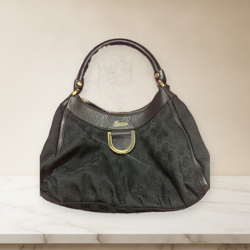 Gucci Handbag Canvas Leather Black Gold Hardware