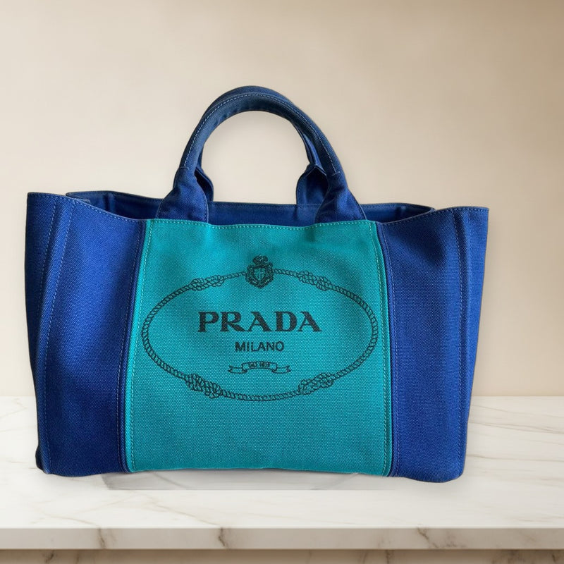 Prada Canapa Tote Bag Canvas Two-tone Blue Green Handbag Shoulder Bag