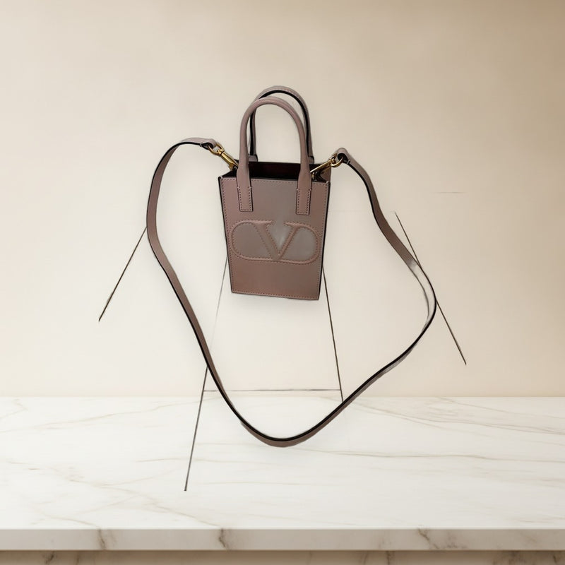 Valentino Square Hand Shoulder Bag Pink Beige Leather