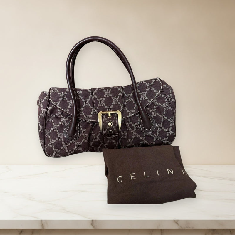 Celine Macadam Handbag Canvas Dark Brown Logo Pattern