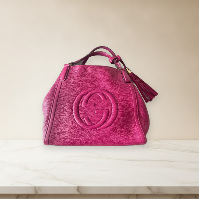 Gucci Soho Handbag Shoulder Bag Pink Leather Logo Embroidered Tassels