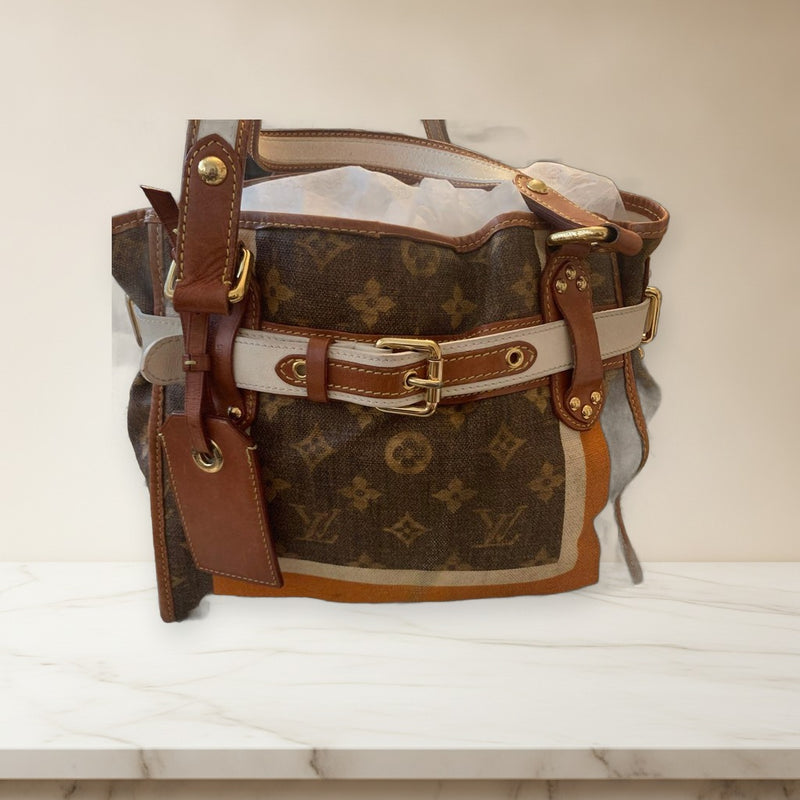 Louis Vuitton Sac Rayures Handbag Canvas Leather Brown White Orange Logo Print