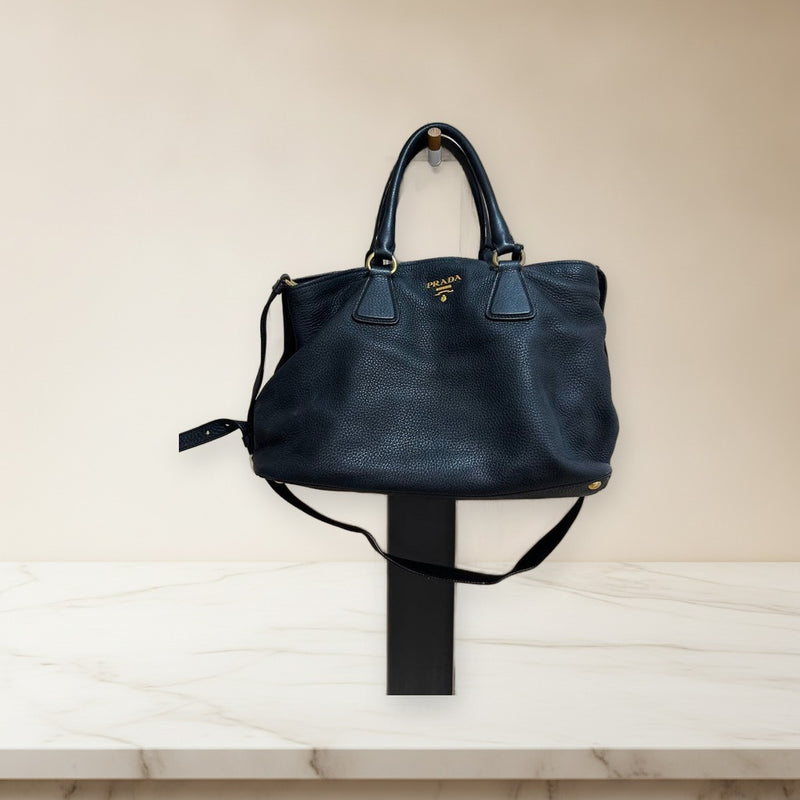 Prada Vit.daino Handbag Tote Bag Black Cowhide Leather