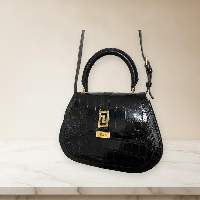 Versace Greca Goddess Medium Shoulder Bag Embossed Crocodile Handbag
