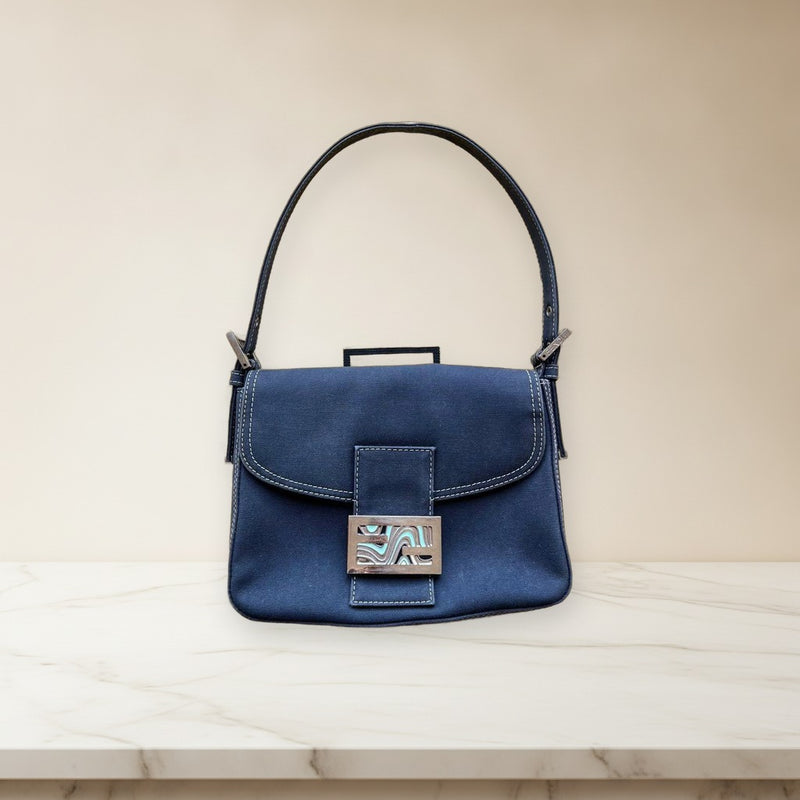Fendi Mamma Baguette Shoulder Bag Marble Logo Handbag