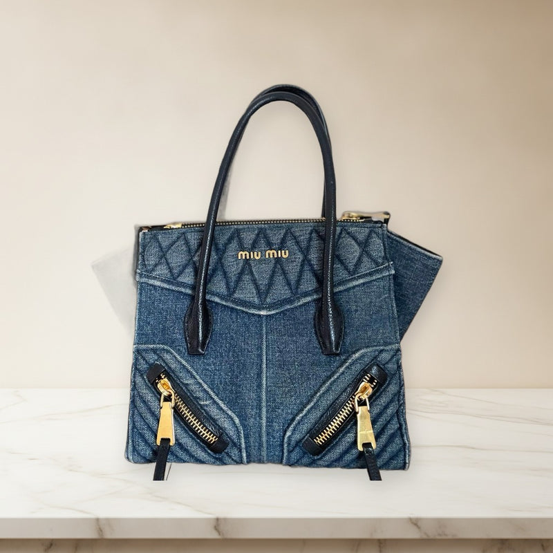 Miu Miu Denim Handbag Shoulder Bag Denim Blue Leather Strap