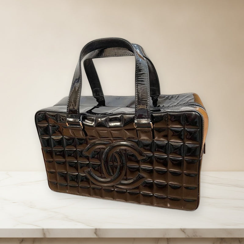 Chanel Coco Mark Choco Bar Boston Bag Enamel Black Handbag