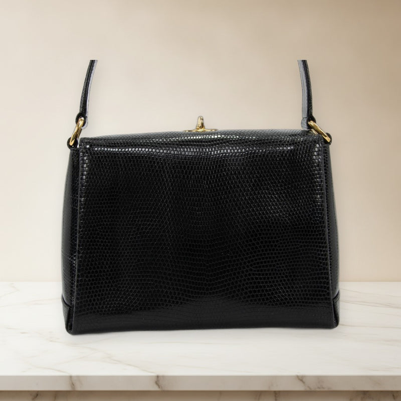 Gucci Old Gucci Handbag Lizard Leather Black Gg Logo Gold Hardware