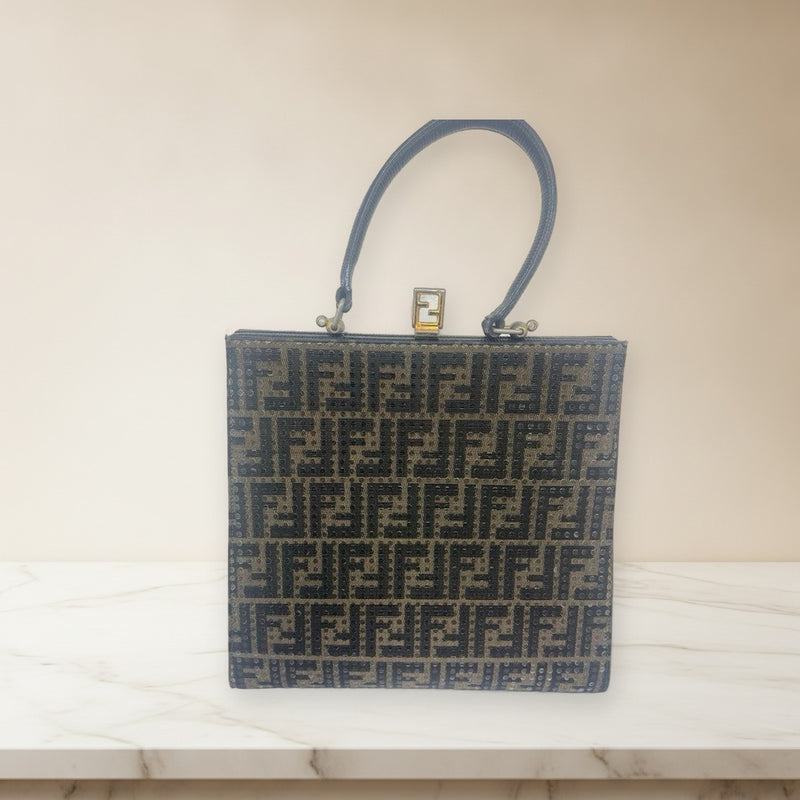 Fendi Logo Pattern Handbag Tote Bag Beige Black Gold Hardware
