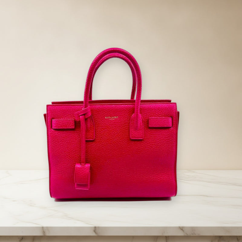 Saint Laurent Sac De Jour Baby Handbag Grained Leather Hot Pink Gold Hardware