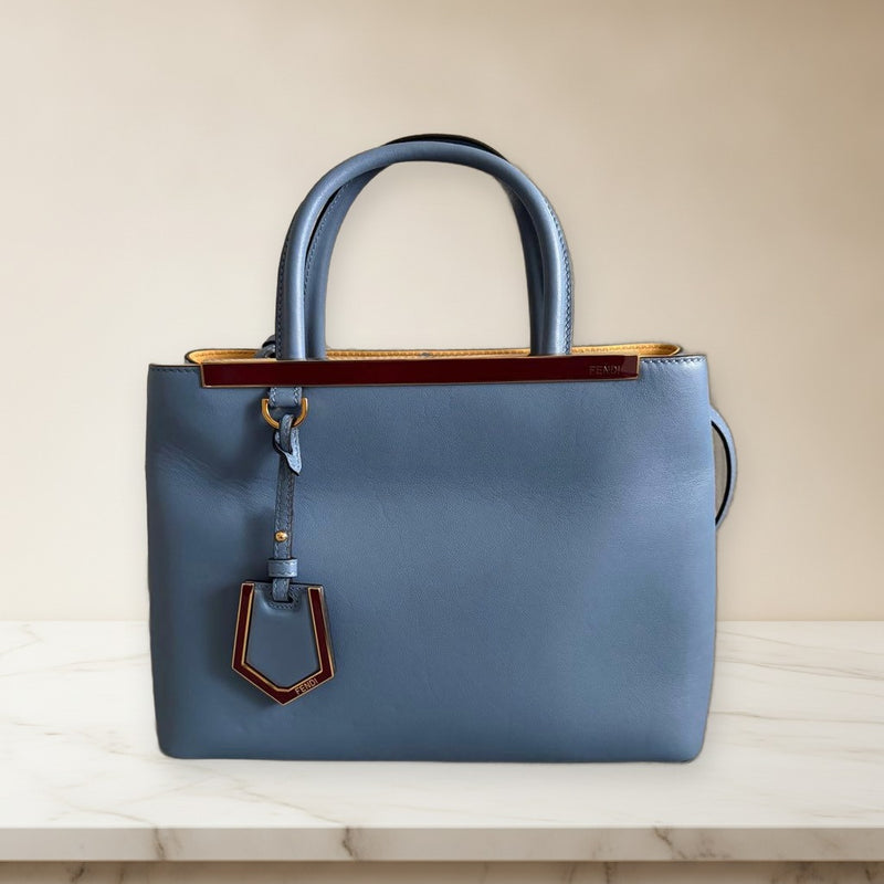 Fendi Petit 2Jours 2 Way Handbag Leather Blue Brown Shoulder Bag