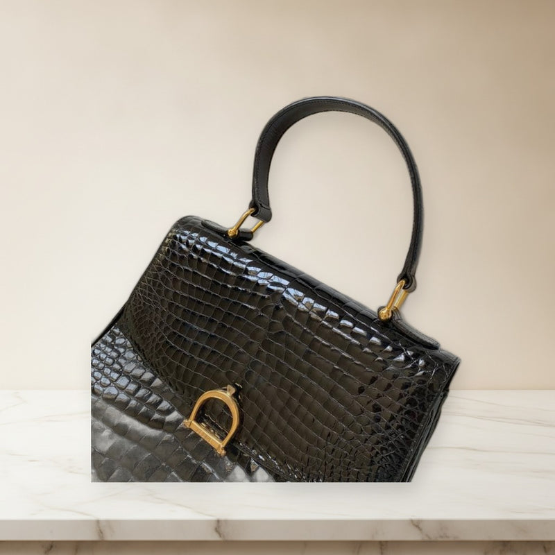 Celine Croc Embossed Patent Leather Handbag Tote Black