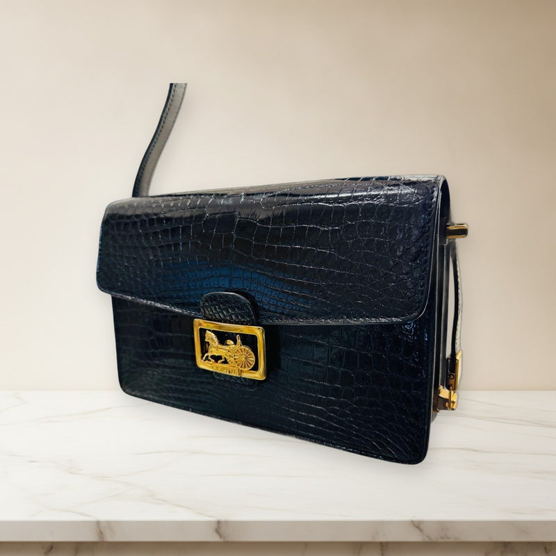 Celine Horse Carriage Shoulder Bag Crocodile Pattern Leather Black