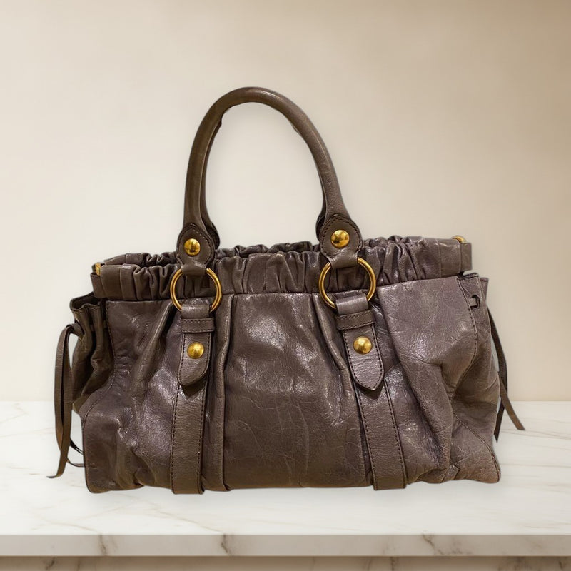 Miu Miu Gathered Tote Bag Handbag Leather Gray-brown Gold Hardware