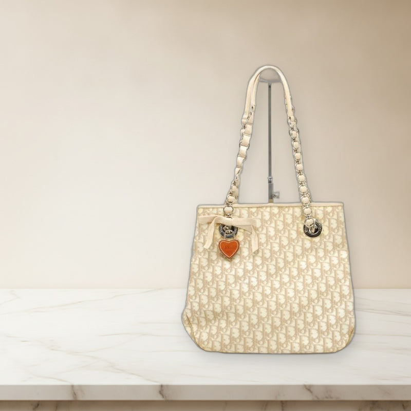 Dior Heart-shaped Lock Handbag Canvas Leather Chain Strap