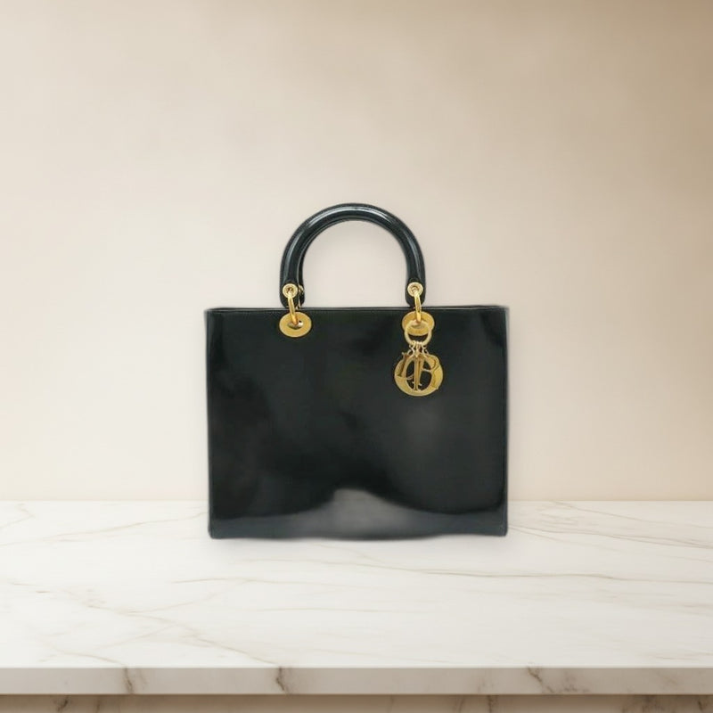Christian Dior Lady Dior Handbag Black Leather Gold Hardware