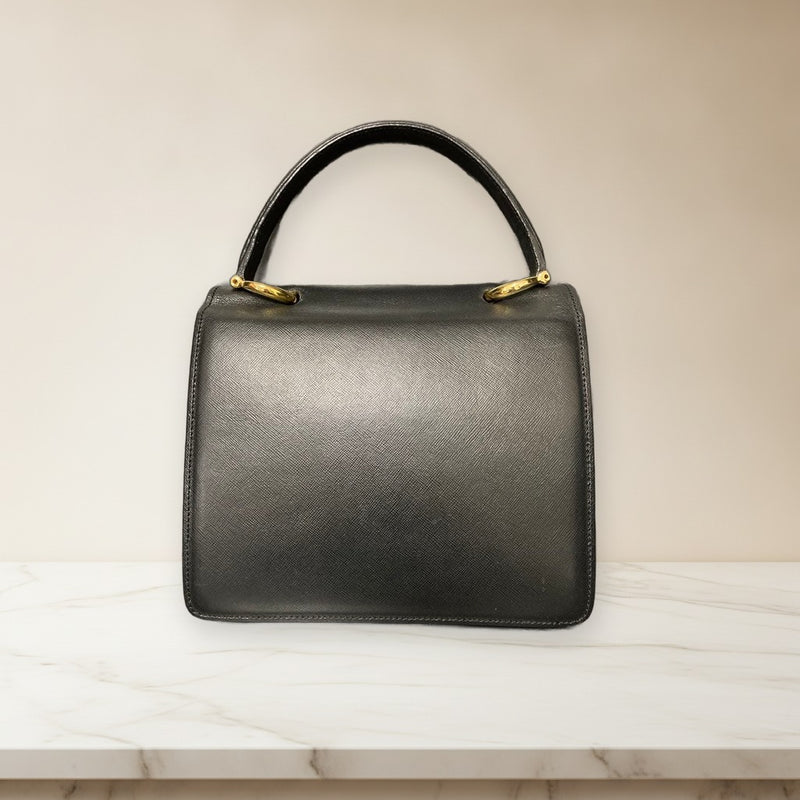 Celine Vintage Handbag Tote Bag Black Leather W Flap