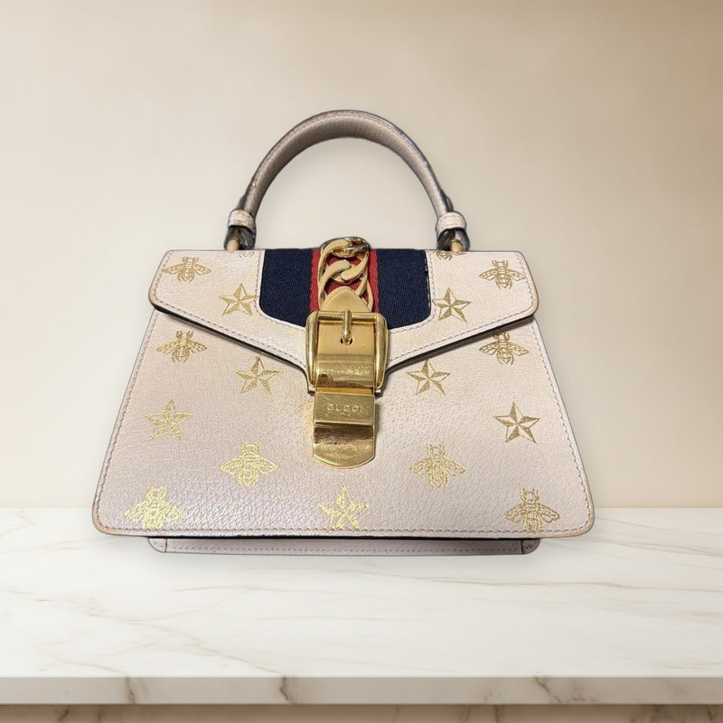 Gucci Star Pattern Handbag White Leather Gold-tone Hardware