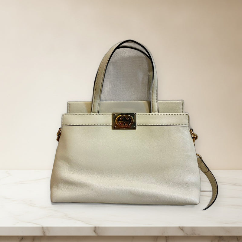 Gucci Hand Shoulder Bag Lamb Leather White Gold Silver Hardware