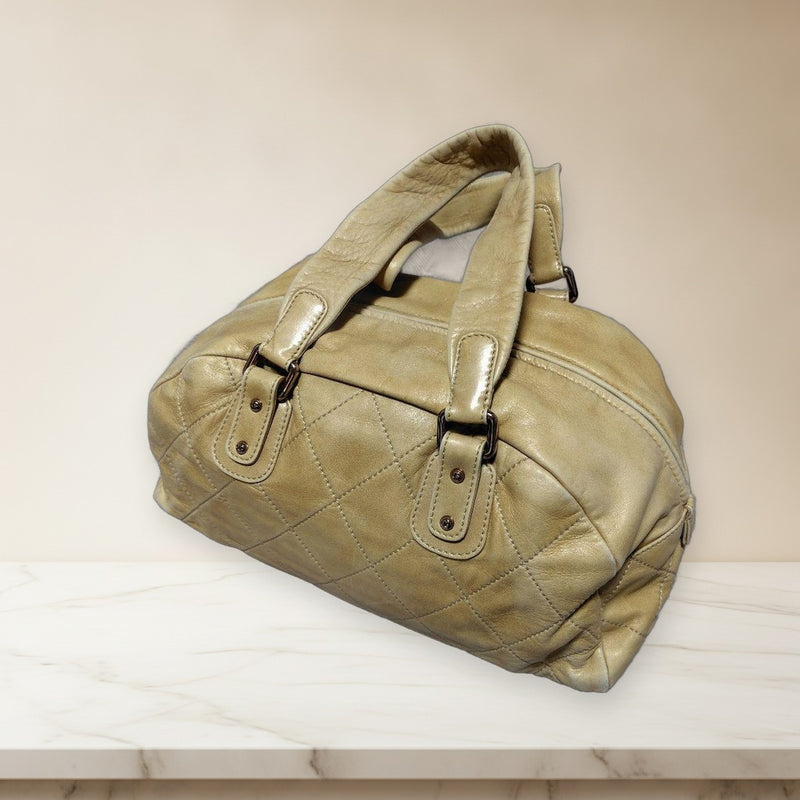 Chanel Wild Stitch Boston Bag Lambskin Beige Tote Handbag
