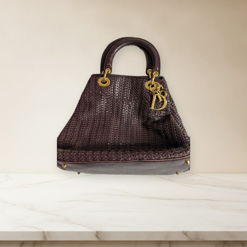 Christian Dior Tote Bag Dark Brown Braided Material Gold Hardware