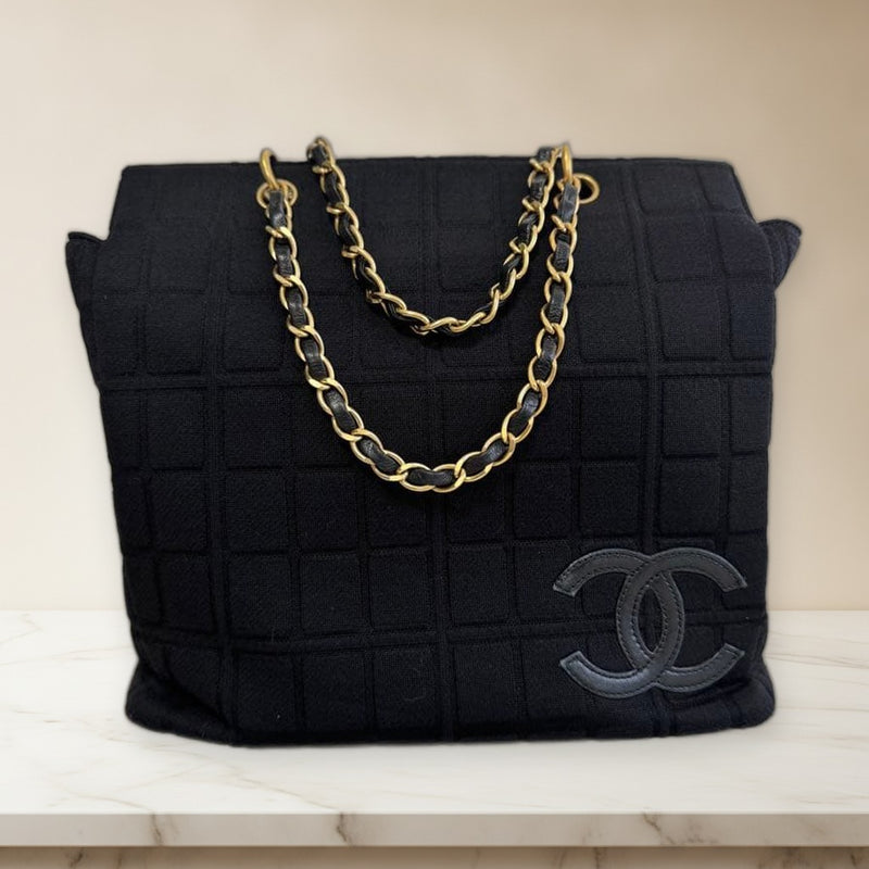 Chanel Chocolate Bar Quilted Chain Shoulder Bag Black Fabric Gold Chain