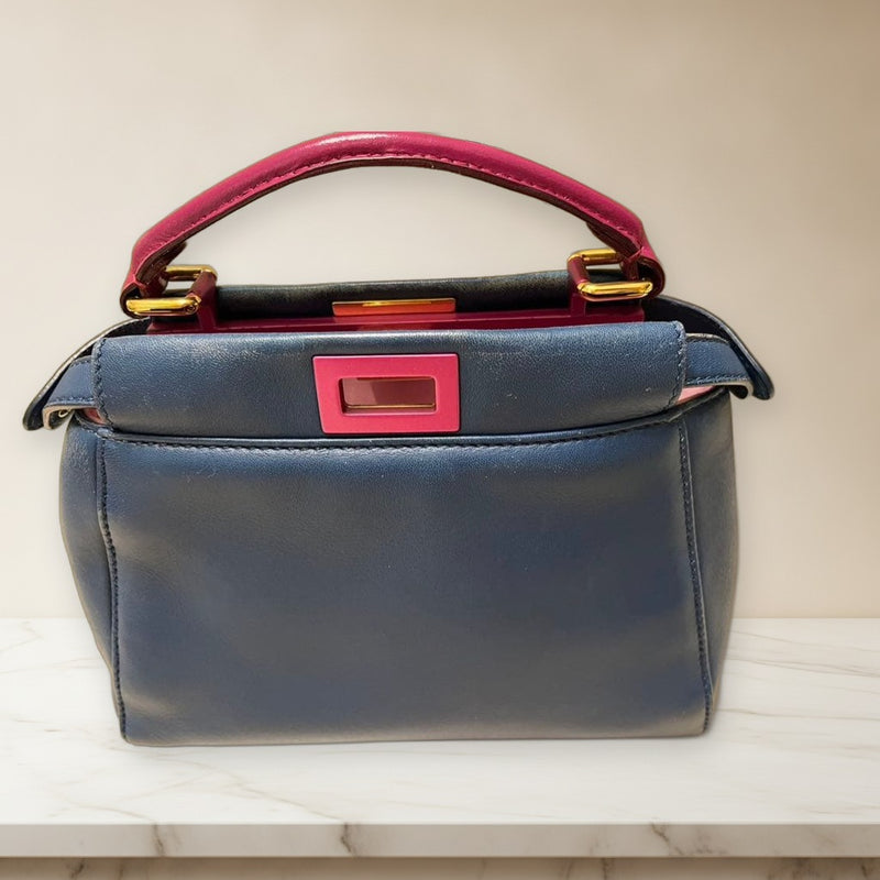 Fendi Peekaboo Handbag Leather Blue Pink Tote Shoulder Bag