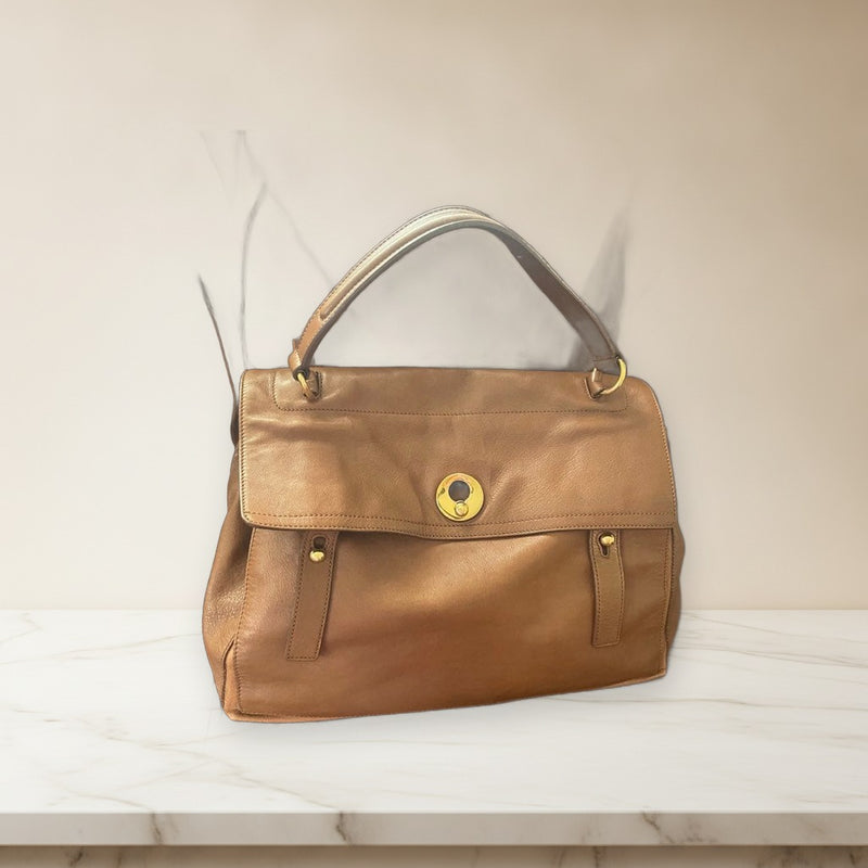 Yves Saint Laurent Handbag Flap Shoulder Bag Leather Fabric Beige