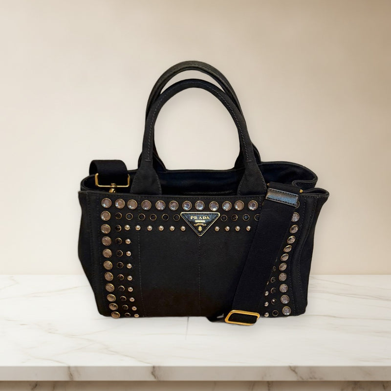 Prada Canapa 1BG439 Tote Bag Shoulder Bag Denim Gray Canvas Studs