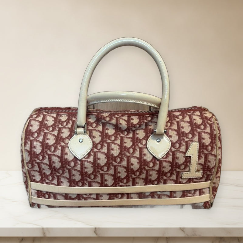 Dior Logo Pattern Handbag Canvas Leather Pink Ivory Mini Boston Bag