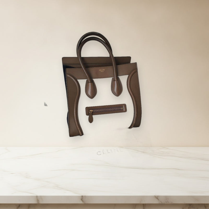 Celine Luggage Mini Handbag Drummed Calfskin Khaki White Navy Tote Bag