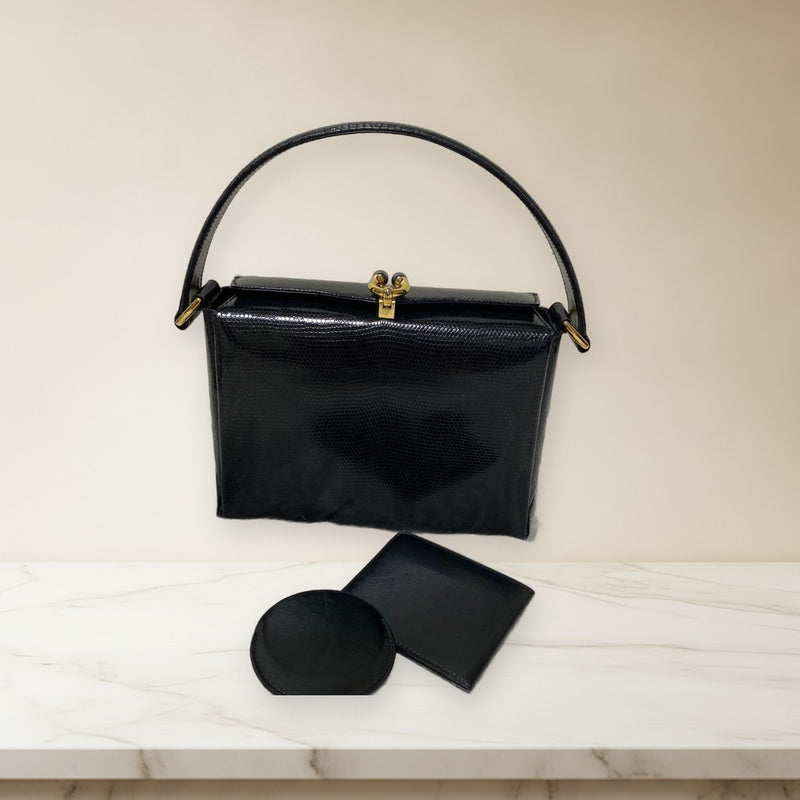 Old Gucci Lizard Handbag Shoulder Bag Black Leather