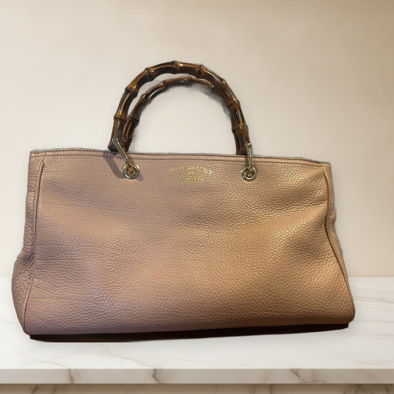 Gucci Bamboo Handle Tote Bag Leather Pink Beige Shoulder Bag