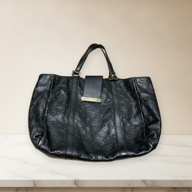 Gucci Monogram Tote Bag Black Leather Gold Hardware Shoulder Bag
