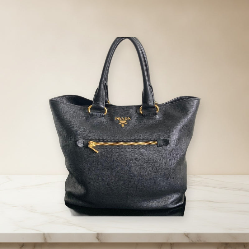 Prada Handbag Shoulder Bag Tote Black Pebbled Leather