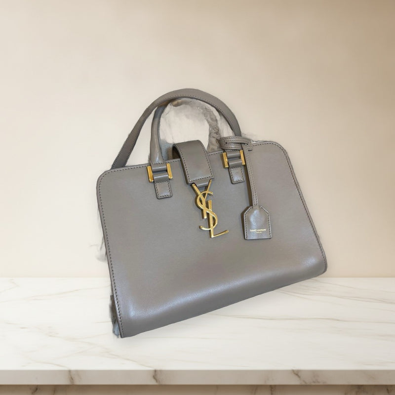 Saint Laurent Paris Baby Cabas Handbag Cowhide Leather Gray Gold Hardware