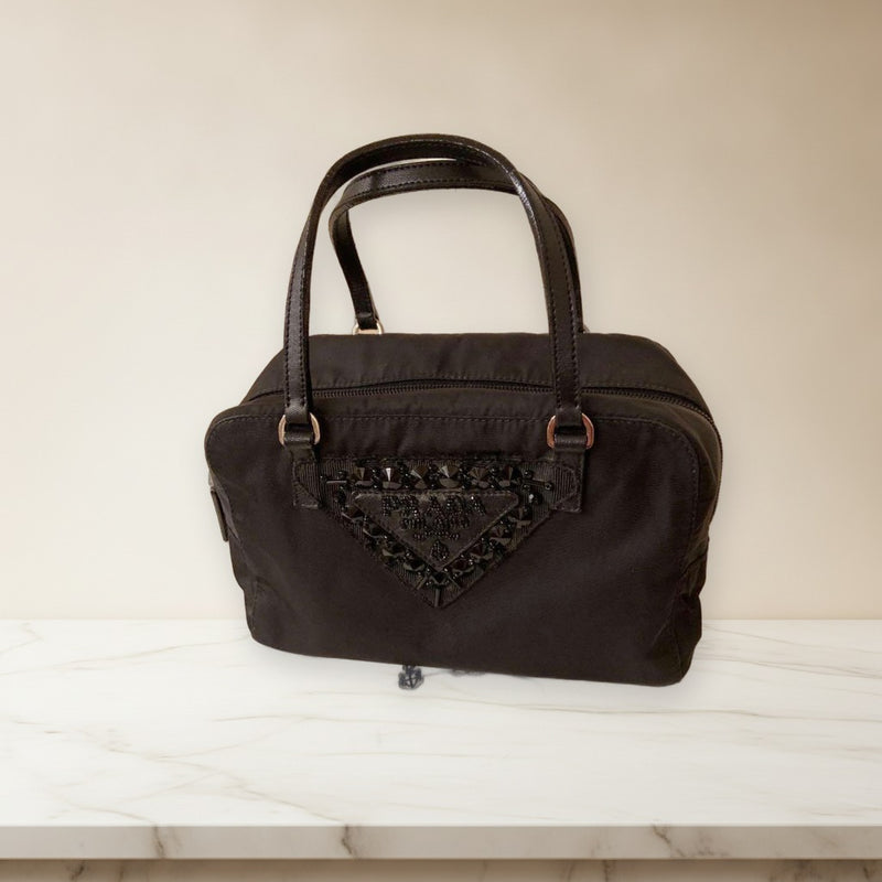 Prada Triangle Logo Bijou Mini Boston Handbag Black Nylon Leather