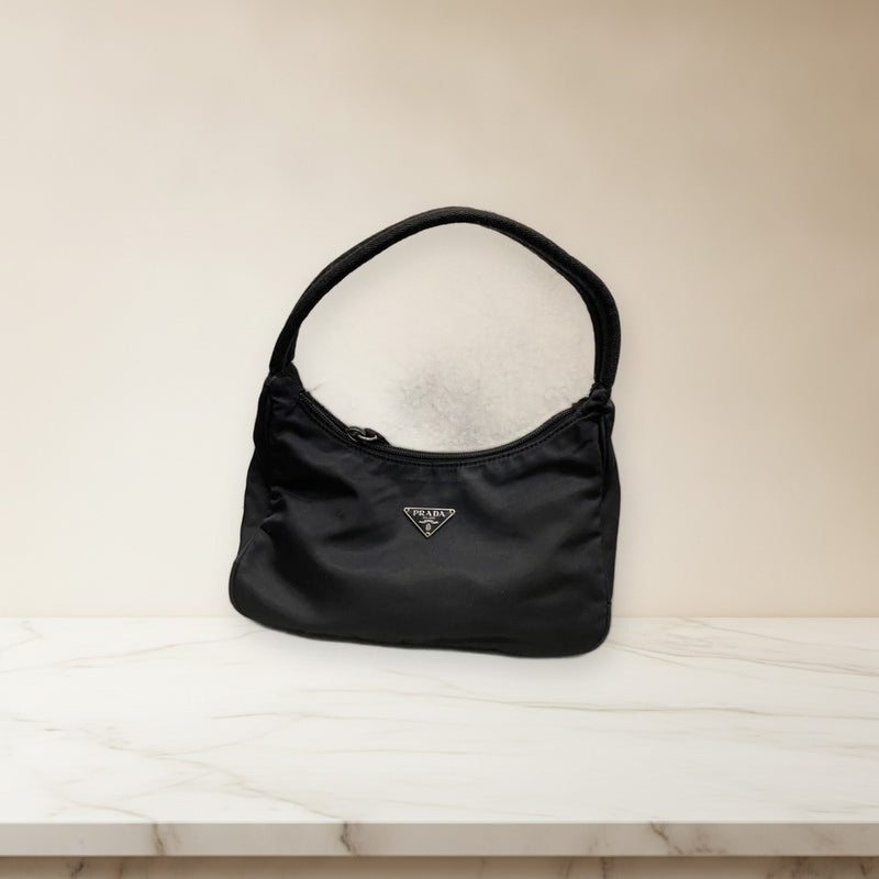 Prada Nylon Handbag Black Triangle Logo Tote Shoulder Bag