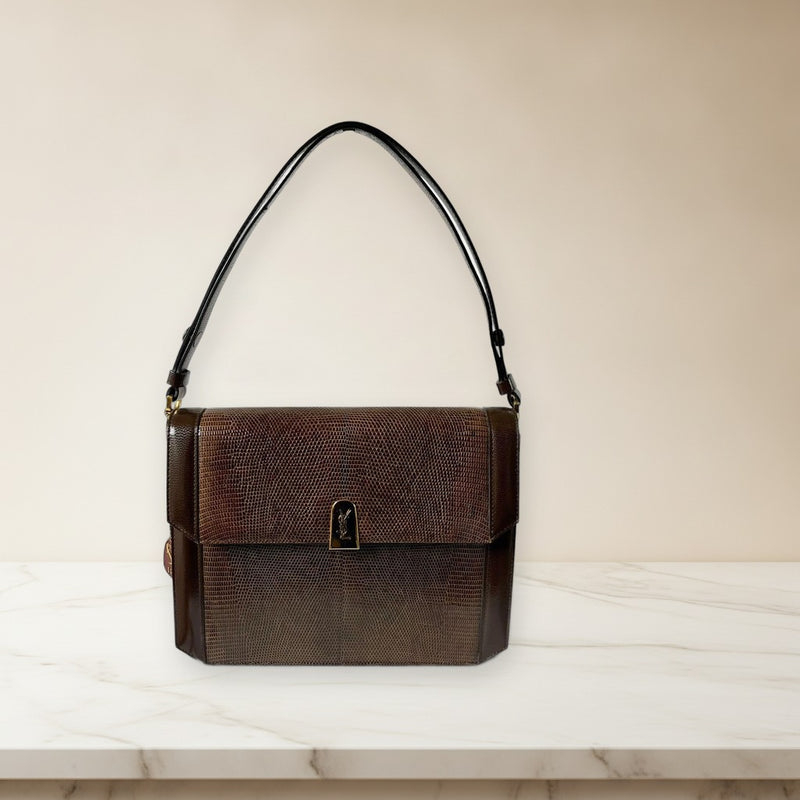 Yves Saint Laurent Cassandra 2way Shoulder Bag Lizard Leather Brown Jra