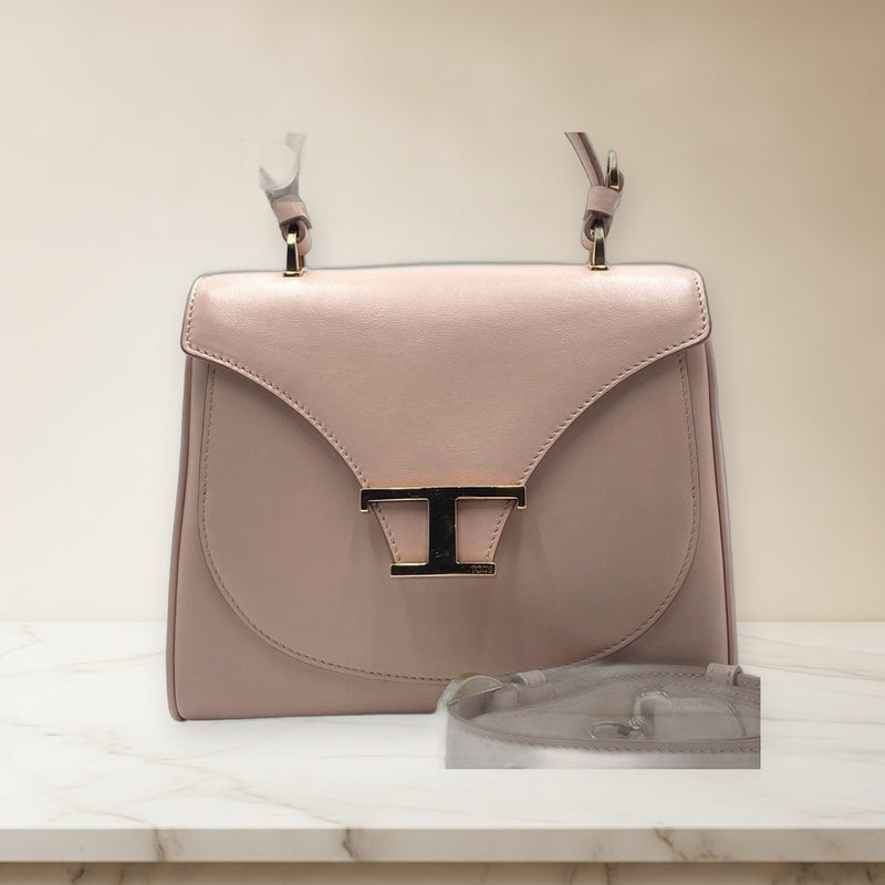 Tods T Timeless Logo 2-Way Handbag Shoulder Bag Pink Beige Leather
