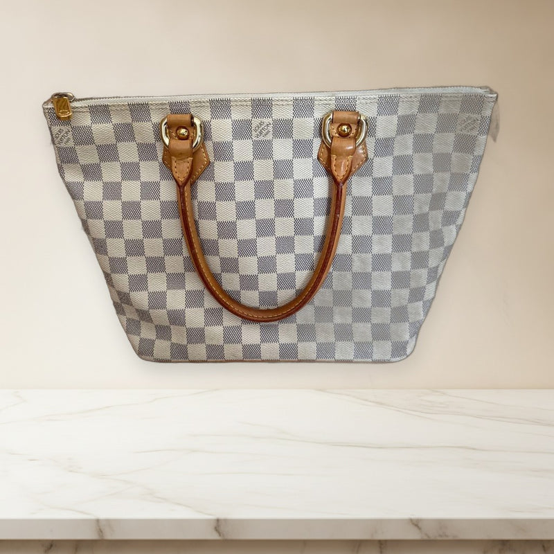 Louis Vuitton Damier Azur Saleya Pm Handbag Canvas Natural Leather Gold Hardware