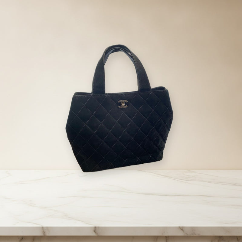 Chanel Wild Stitch Double Handle Shoulder Bag Suede Black