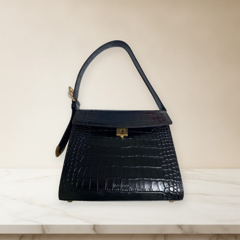 Balenciaga Crocodile Embossed Shoulder Bag Leather Black Antique Gold Hardware