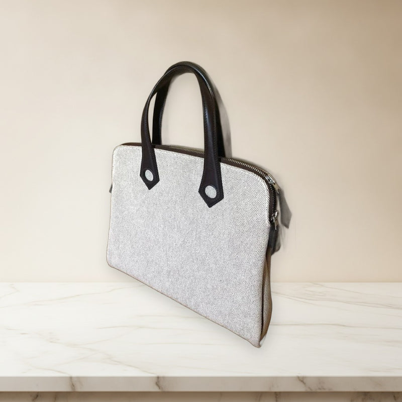 Hermes Sac Ebout Handbag Tote Canvas Beige Dark Brown Handle