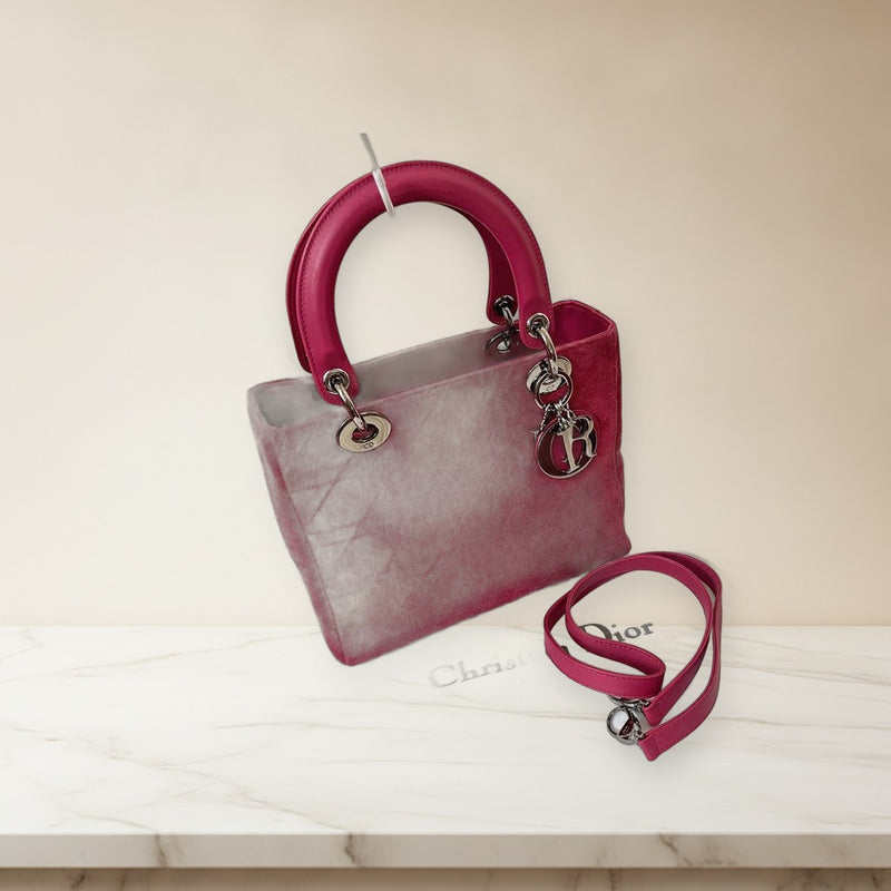 Christian Dior Lady Dior Cannage 2WAY Handbag Shoulder Bag Suede Pink Silver