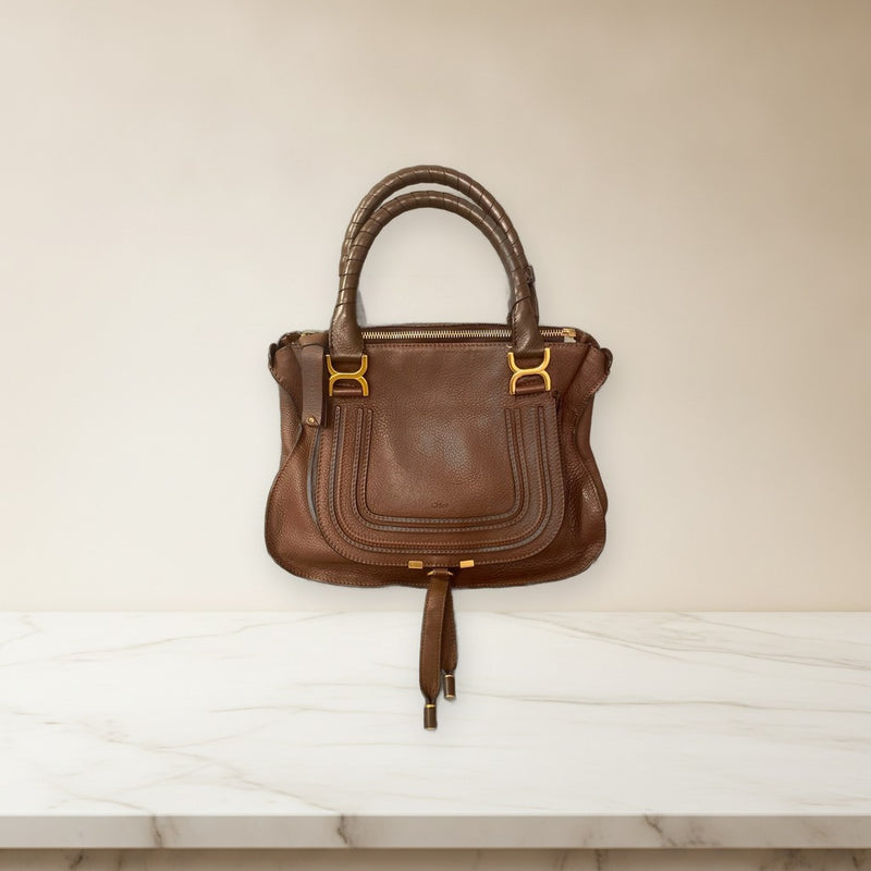 Chloe Marcie Handbag Leather Brown Light Blue Stitching