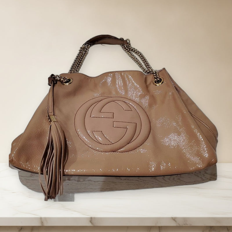 Gucci Soho Chain Tote Bag Leather Pink Beige Handbag