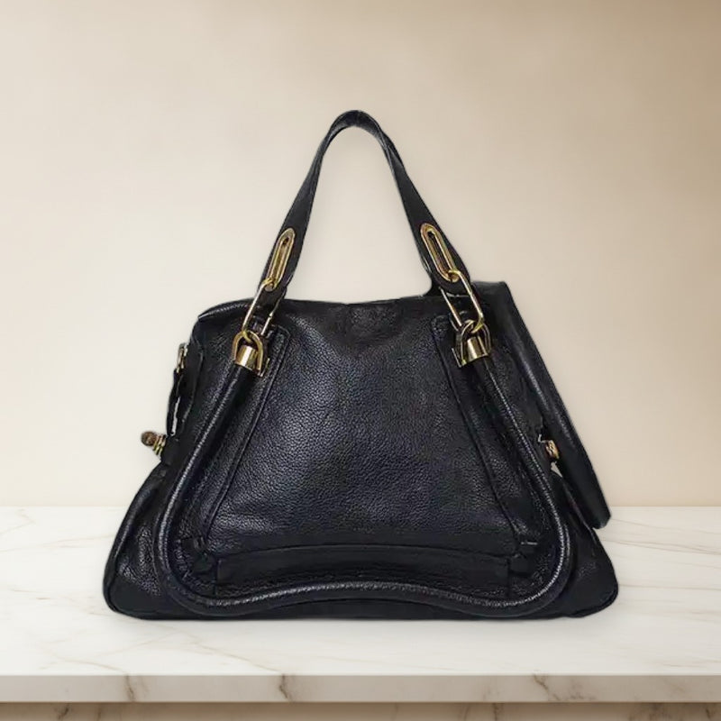 Chloe Paraty 2-Way Handbag Shoulder Bag Crossbody Leather Black