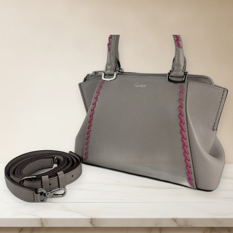 Cartier C De 2-Way Handbag Shoulder Bag Leather Gray Pink